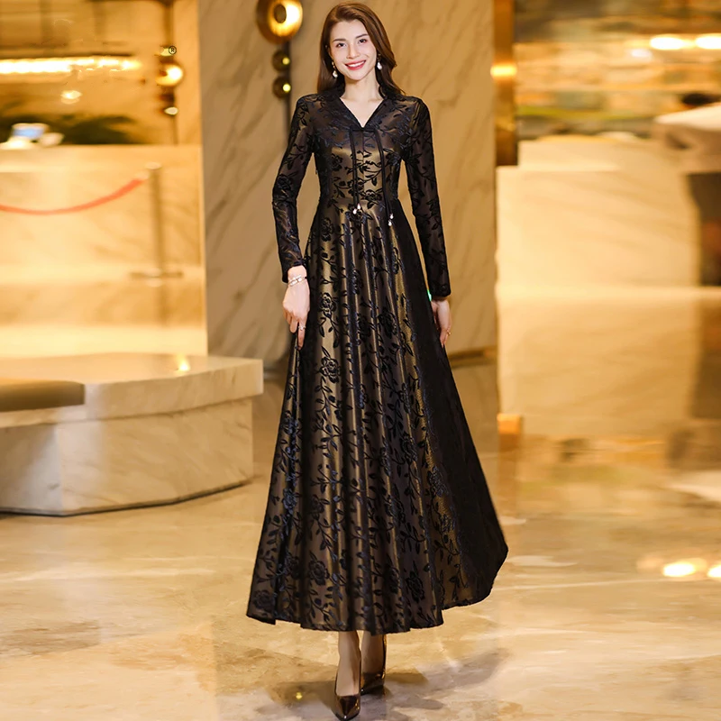 

New Women Spring Autumn Chinese Style Print Dress Fashion V-Neck Long Sleeve Slim Dress Elegant A-Line Overlength Dress