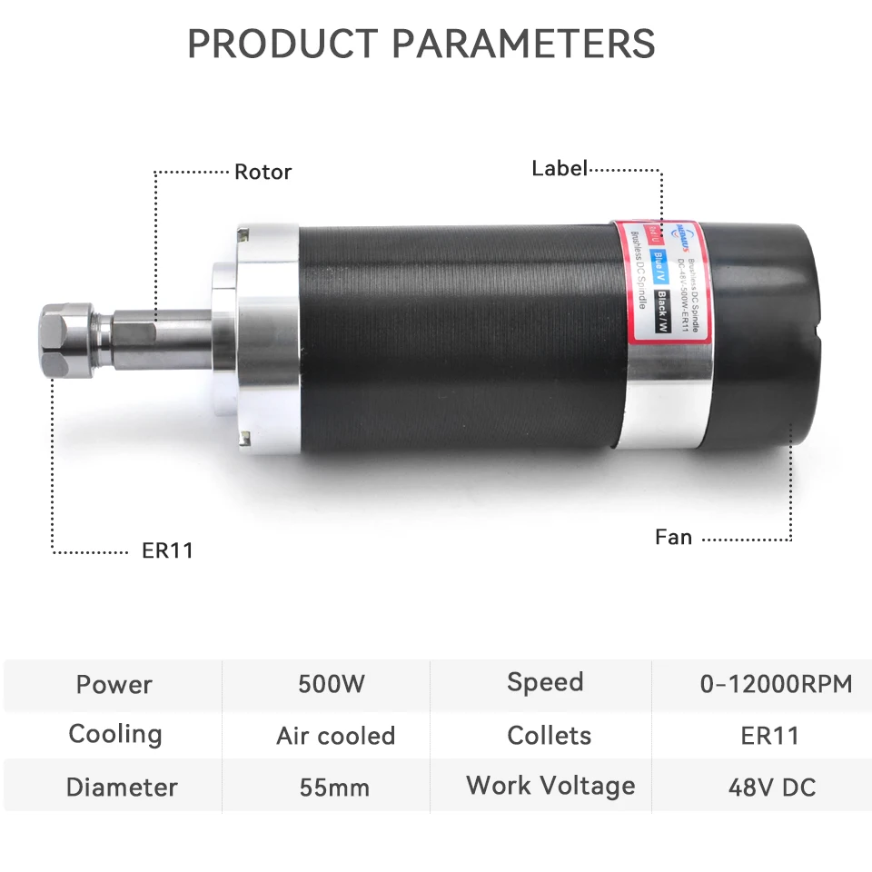Daedalus CNC Spindle 500w ER11 Brushless DC Spindle Motor Power Supply With 55MM Clamp Bracket Speed Display air cooled spindle motor spindle clamp holder lathe spindle assembly high speed motor spindle set