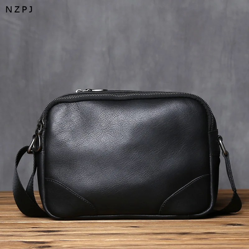 NZPJ Vintage Genuine Leather Men's Shoulder Bag Natural Cowhide Crossbody Bag Casual Men's Bag  Fashion For 9.7-Inch Tablets