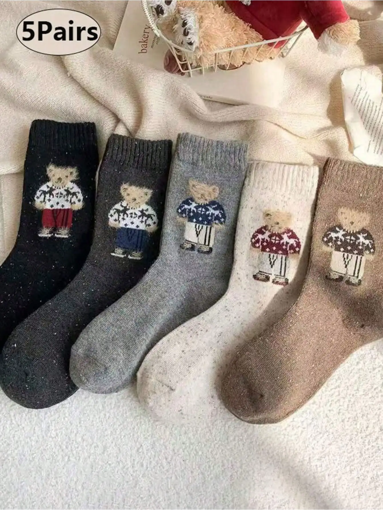 Socks for Girls Cartoon Little Bear Mid-Calf Socks Thickened for Autumn and Winter Warm Wool Slouch Socks