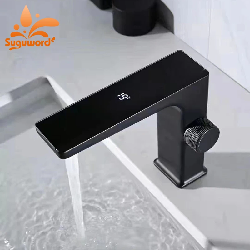 Matte Black Smart Temperature Display Bathroom Basin Faucet Sink Faucet Brass Deck Mount Cold Hot Water Mixer Bathroom Crane