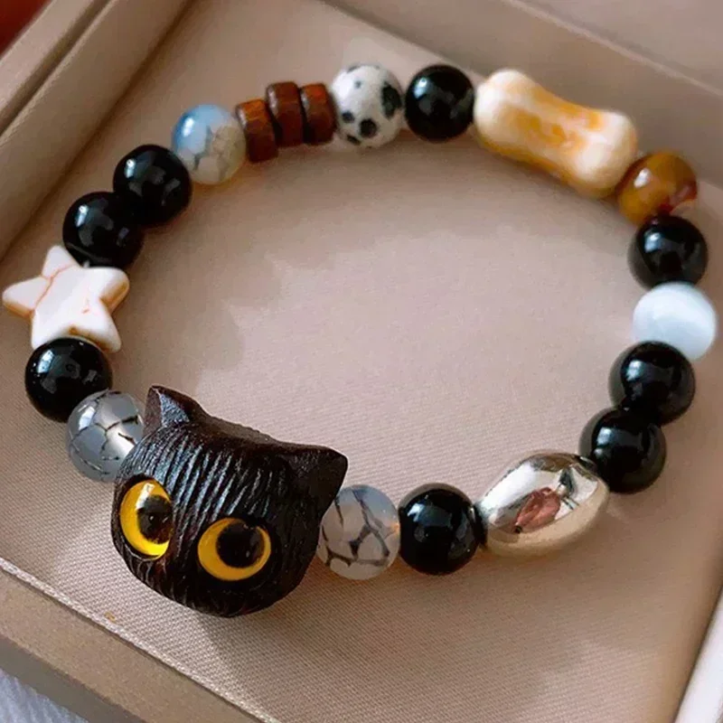 Cute Natural Stone Black Cat Bracelet for Women Men Fashion Cartoon Animal Beaded Bracelets Handmade Fashion Girl Jewelry Gifts bracelet jewelry