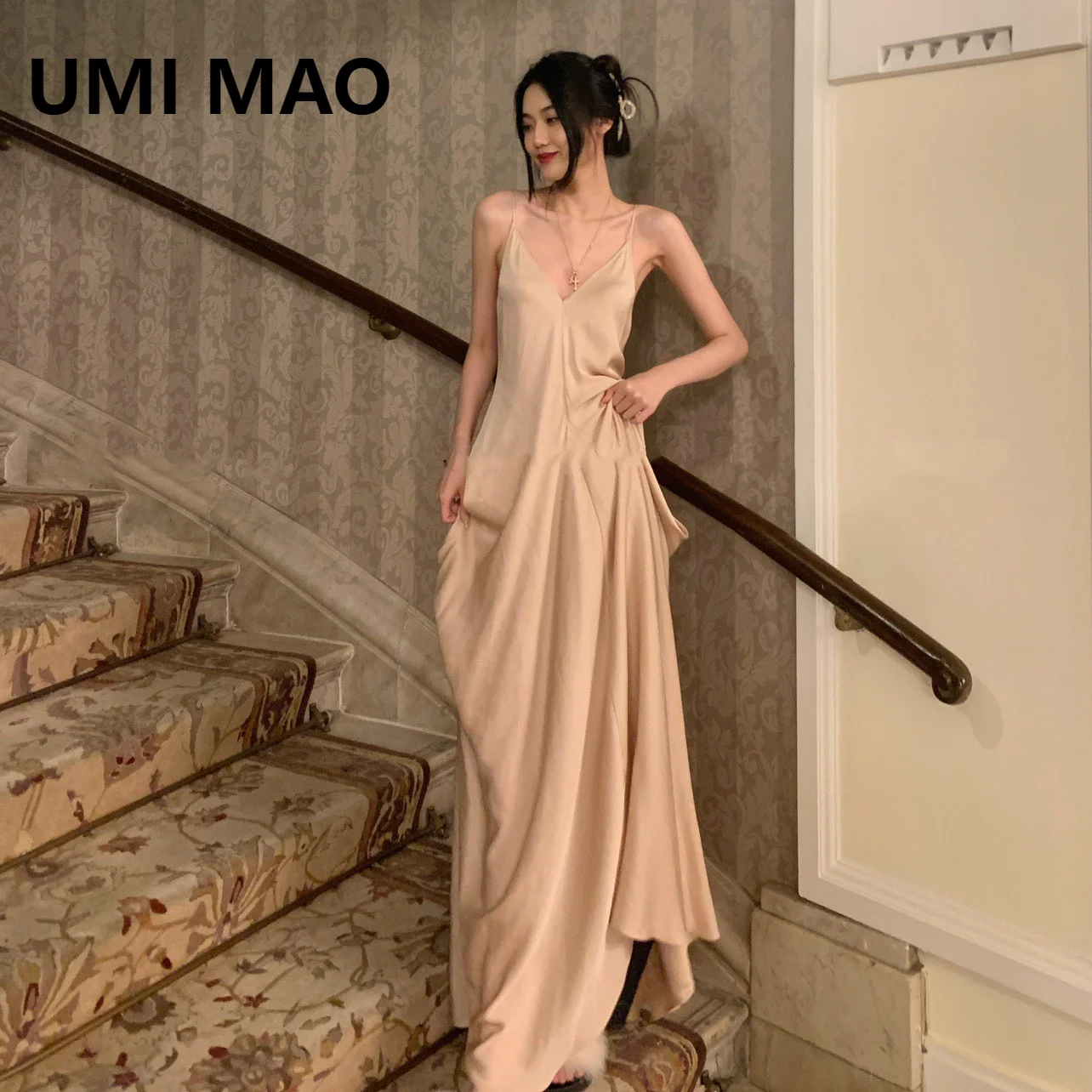 

UMI MAO Harajuku Dresses Flexible Satin Comfort Strap Long Party Dress Pendant Gentle Temperament Elegant Cool Femme Women Y2K