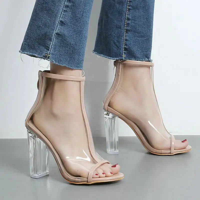 

Moraima Snc New Design Woman Ankle Boots Summer Clear PVC Crystal Heel Peep Toe Zip Nude TranspaFringe Sandals Plus Size 45