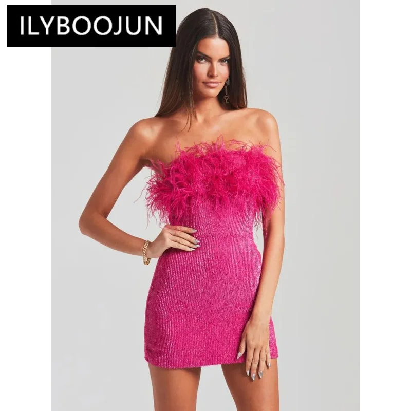 

Women Sexy Winter Strapless Ostrich Feathers Sequins Hot Pink Bodycon Dress 2022 High Street Christmas Xmas Party Dress Vestido