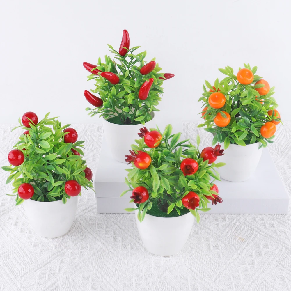 Description Picture 3 of itemArtificial Plants Bonsai Orange Pomegranate Fruit Chili Tree Potted Windowsill Decor Home Table Decoration Mini Plastic Ornament