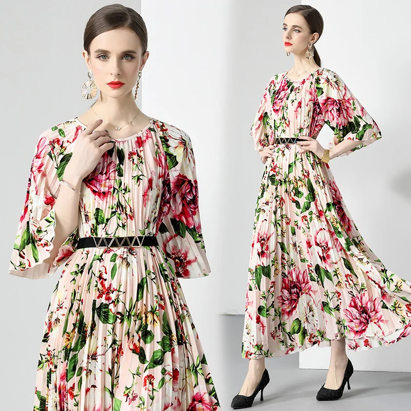 

New Summer Pleated Long Dress Women O-Neck Lace-up Belt Flower Print Loose Large Size 2023 Vintage Party Maxi Robe Dress Q002