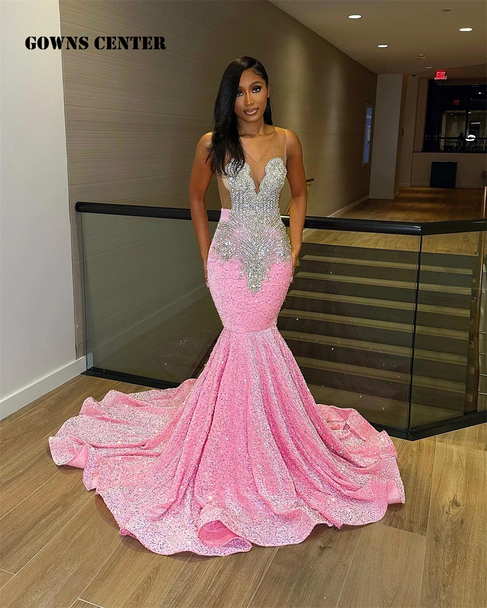 

Hot Sale Pink Sequin Prom Dresses For Party Wedding Evening Silver Beaded Mermaid Formal Dress V Neck Party Gowns Elegant robe