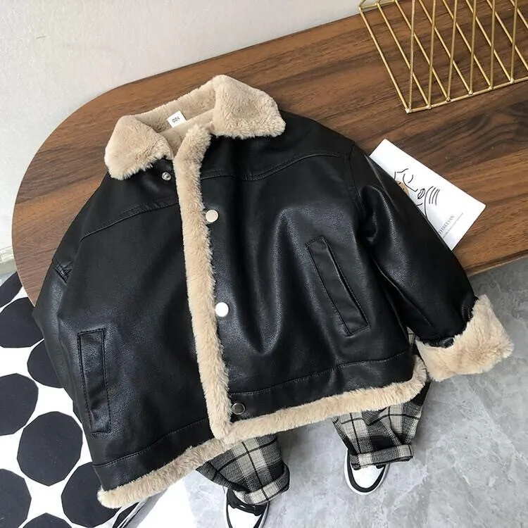 Boys Girls Leather Jackets Children winter Motorcycle Faux Leather Fleece Lined Zipper Coats