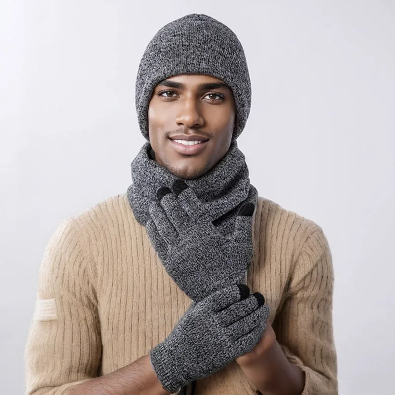 Fashion Trend Knitted Thickened Hat Scarf Glove for Men and Women Autumn Winter Add Velvet Cold Proof Warm Three Piece Set Gift