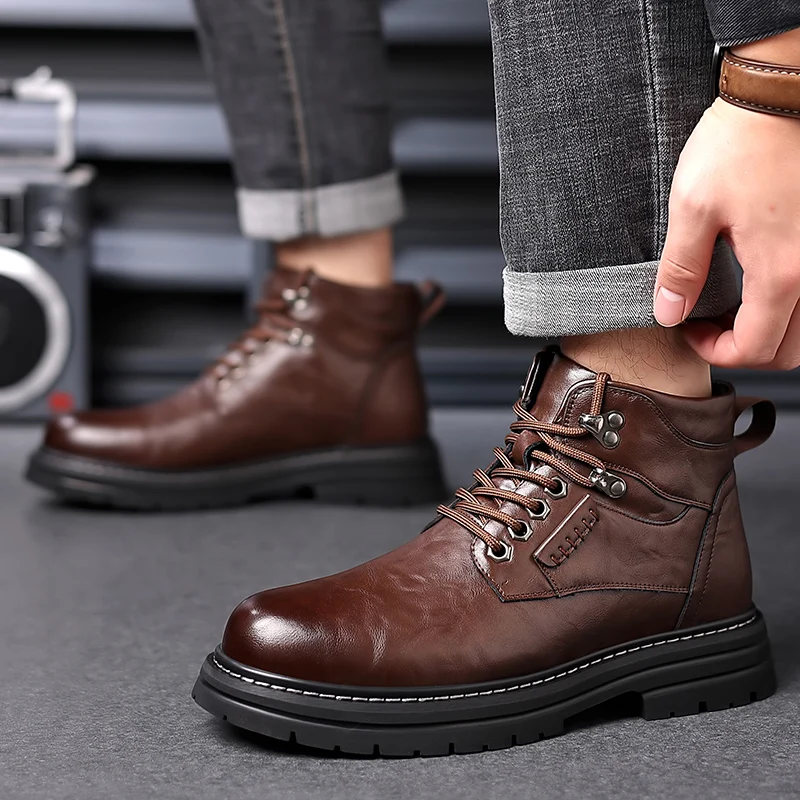 Men Winter High Top Shoes Thick Soled Wear-resistant Workwear Motorcycle Boots