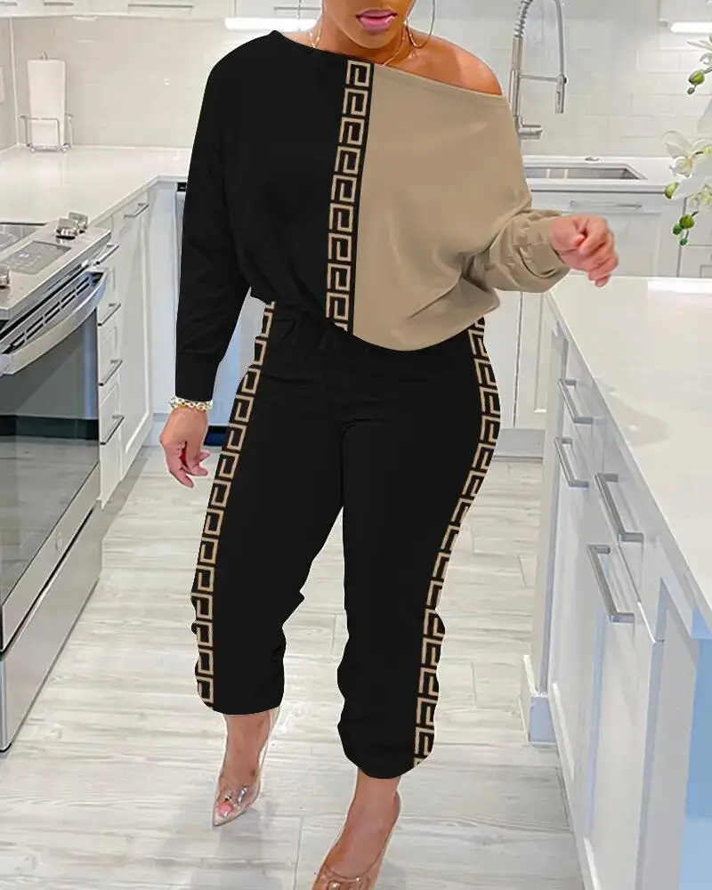 

Causal Sport Loose Fit 2 Piece Set Women Tracksuit Diagonal Collar Tops Jogger Pants Suit Women Two Piece Outfit Sets