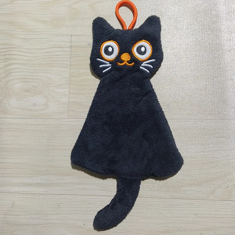 Black Cat Cartoon Hand Towel - Soft & Absorbent Coral Fleece for Kids - Halloween Pumpkin Design for Bathroom & Kitchen Use