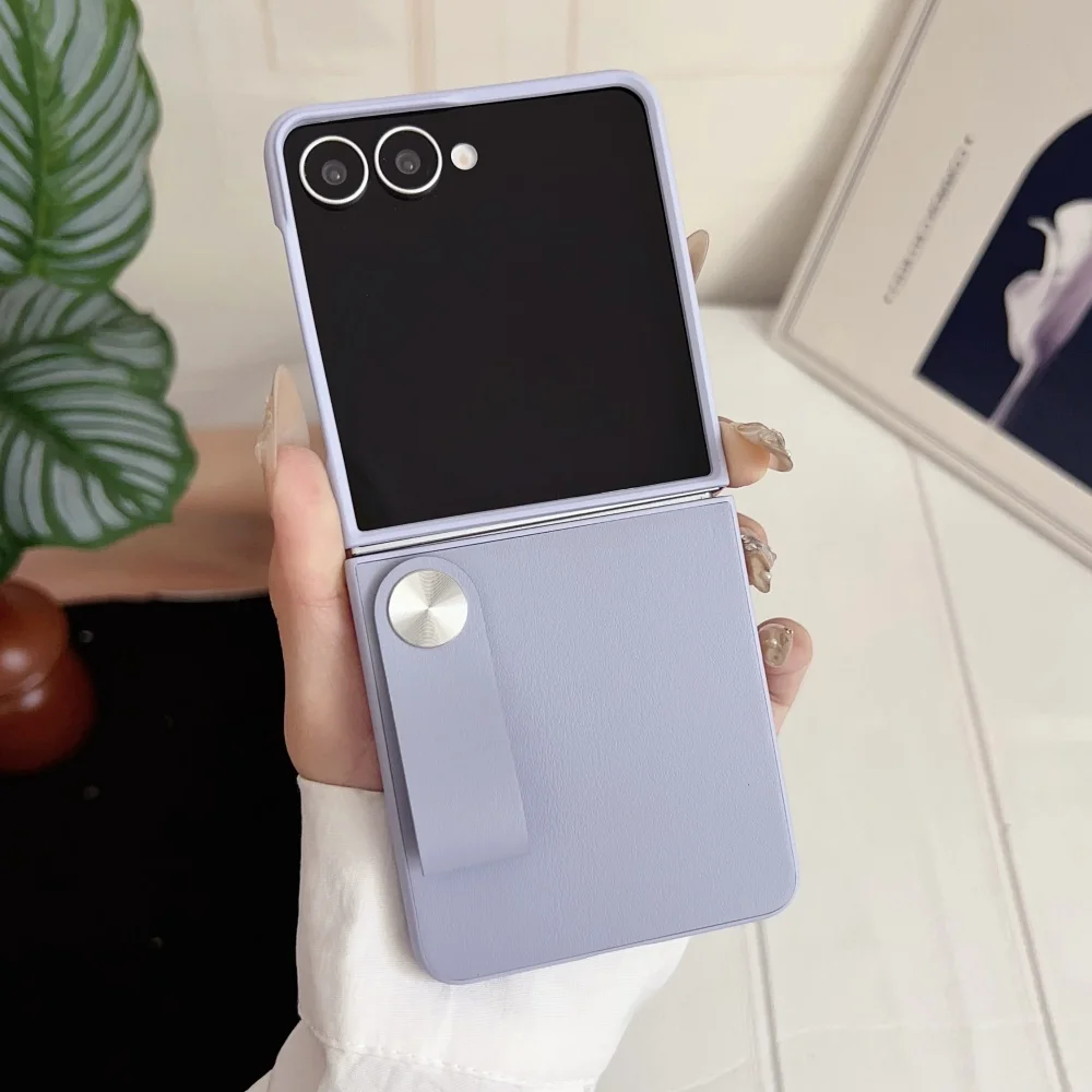 HandStrap Faux Leather Flip Phone Case with Skin-Friendly Lens Protection and Folding Hard Back Cover
