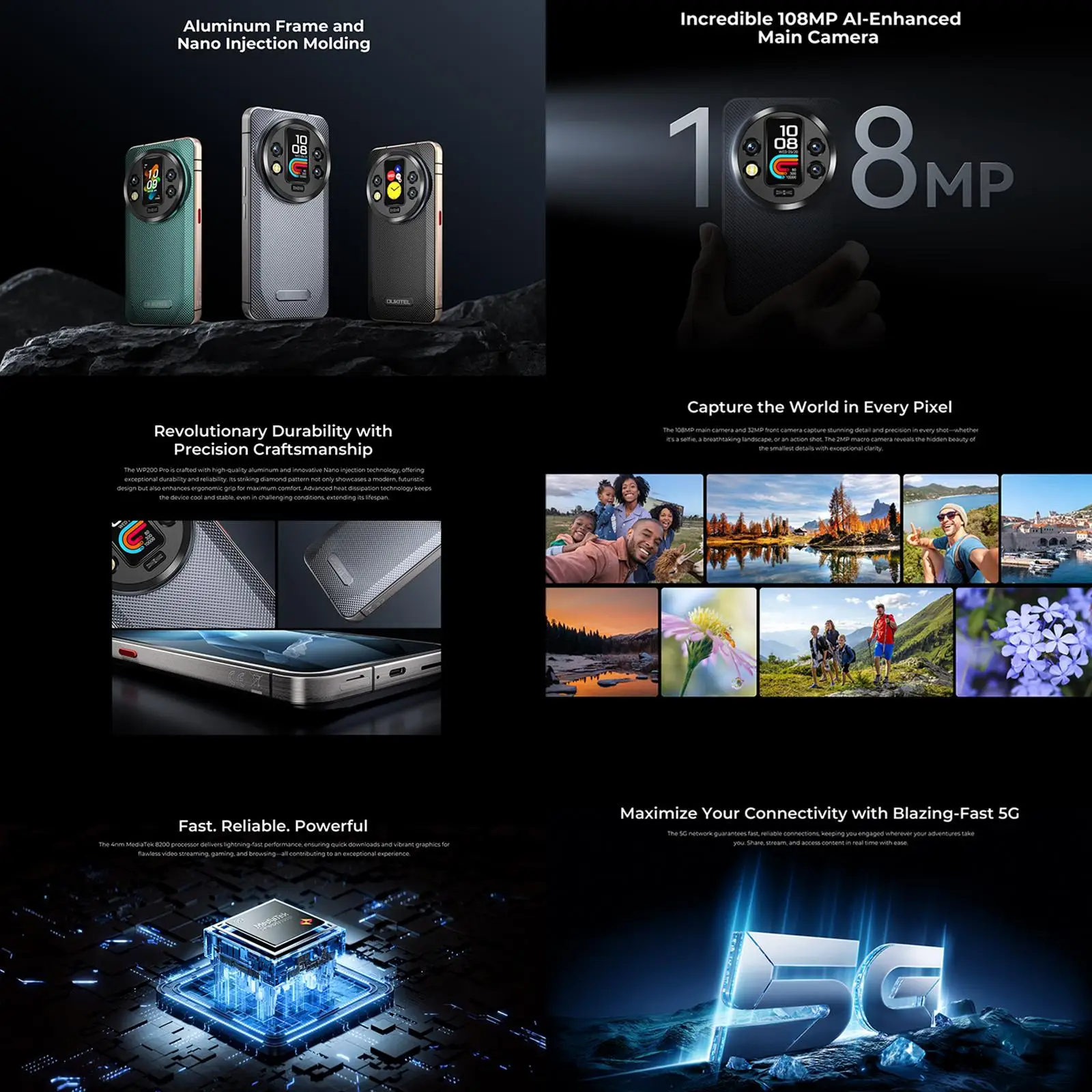 Oukitel WP200 Pro 5G Rugged Phone 24GB+1TB 6.7'' Android 15.0 MTK Dimensity 8200 108MP Main Camera 8800mAh NFC 5G Smartphone