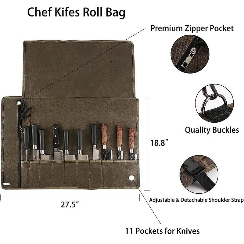 Borsa Porta Coltelli In Tela Cerata 7 Tasche – Custodia Pieghevole Professionale Per Chef, Barbecue E Campeggio, Verde