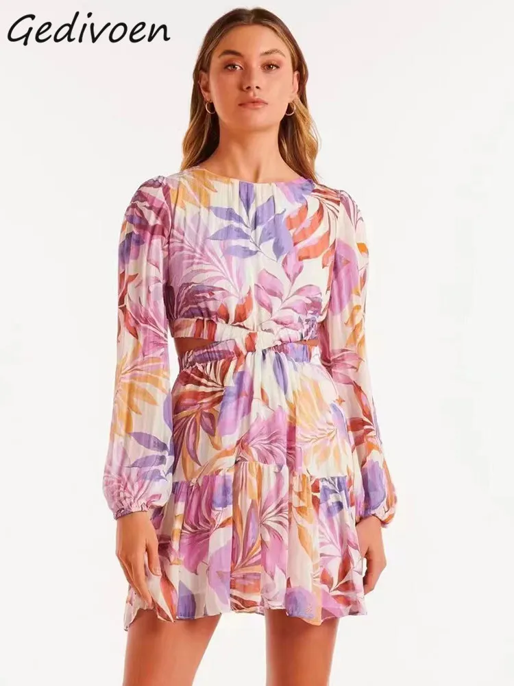

Модное дизайнерское весеннее женское платье Gedivoen с круглым вырезом, перекрестной талией и принтом в виде Цветных Листьев