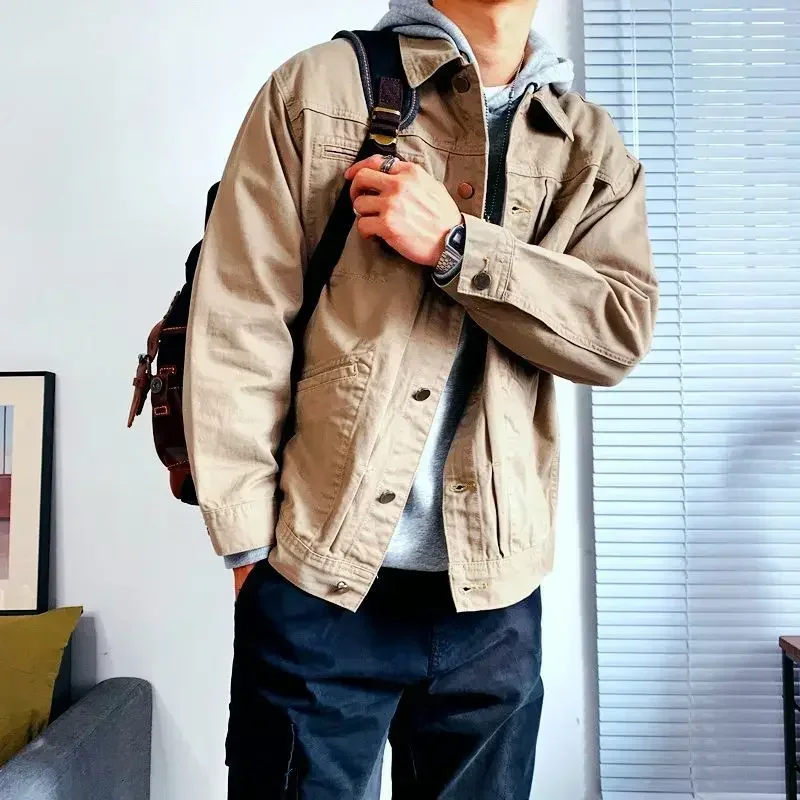 thumbnail image 1 of Chaqueta vaquera cálida y acolchada de color caqui para otoño, abrigo vaquero con botones negros tipo cargo para hombre, abrigo vaquero holgado de lana de oveja estilo vaquera vintage, 1 of 4