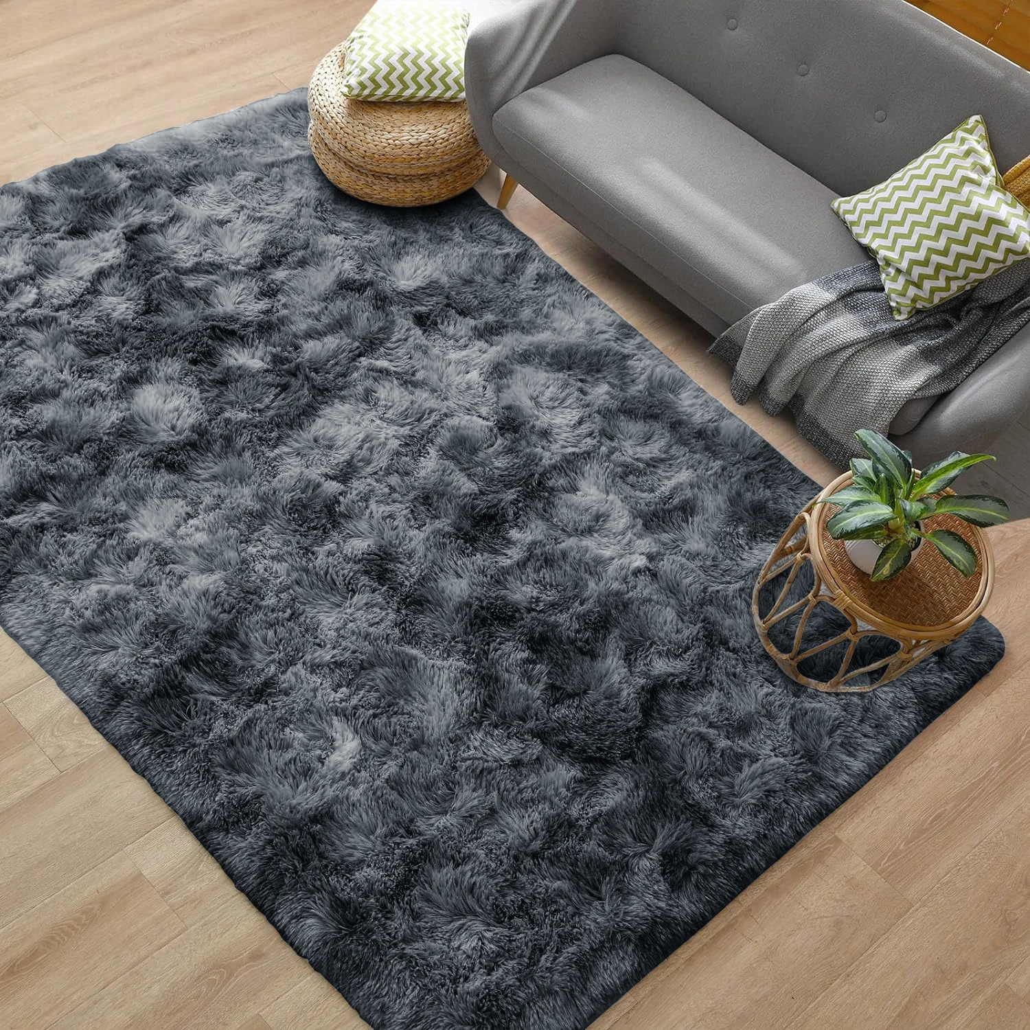 Tie Dyed Dark Gray Carpet Shaggy Rug view 2