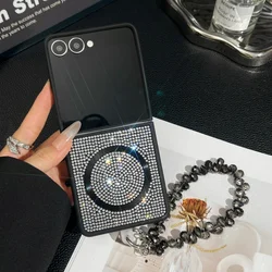 Luxury Bling Glitter Magnetic Phone Case with Shockproof Wrist Strap Cover - Galaxy Z Flip5 (Black)