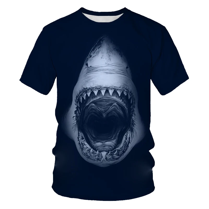 

Новинка 2023, Мужская футболка с 3D-принтом синей акулы, с коротким рукавом, индивидуальная Повседневная футболка с круглым вырезом и большой белой акулой