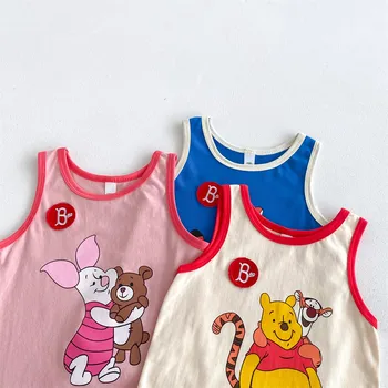 2024 Estate Nuovi Bambini Senza Maniche Casual T Camicette Neonato Ragazze Cartoon Stampa Gilet Bambino Moda Allentato Tee Top Abbigliamento Per Bambini 1