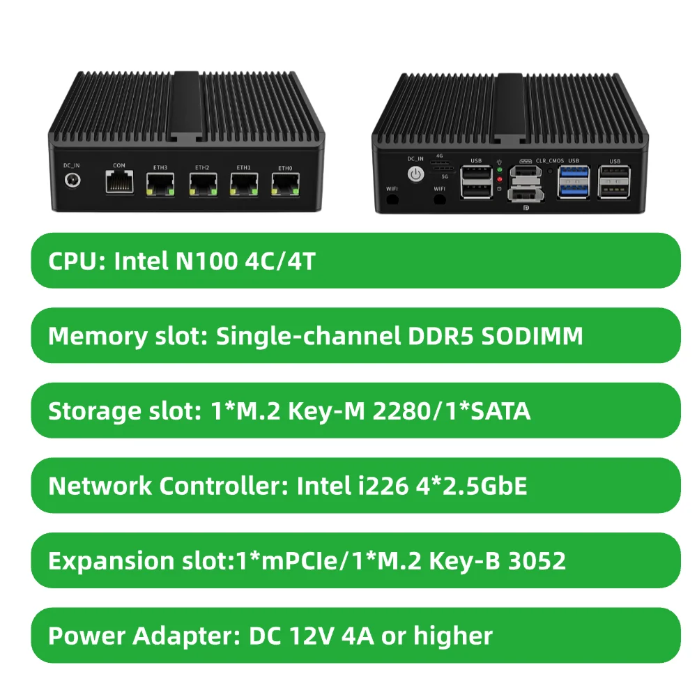 Fanless Mini Network PC Integrated Intel N100 4x2.5G Ethernet Barebones NO RAM NO SSD Expandable LTE 5G Module G30W-1264NP4L5G