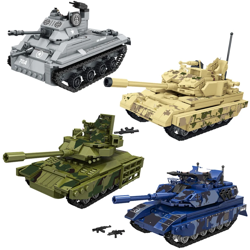 

4Types Army M4A3 VT-4 T14 Leopard 2A7 Tank Building Blocks Military WW2 Soldier Figures Weapon Bricks Toys For Children Boy