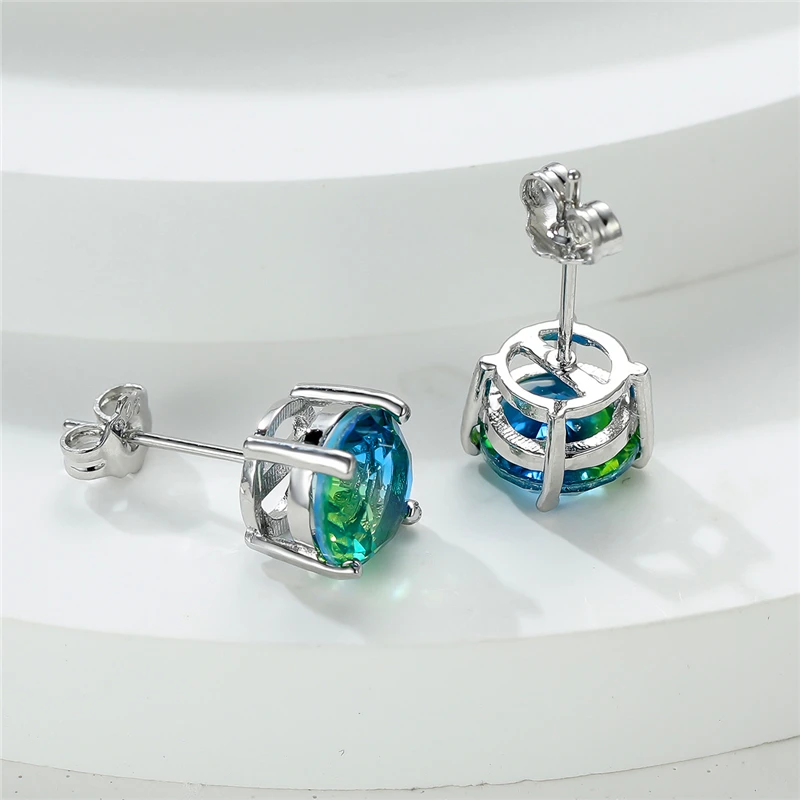 Charm Female Crystal Blue Green Zircon Stone Round Stud Earrings Vintage Silver Color Wedding Fashion Jewelry For Women