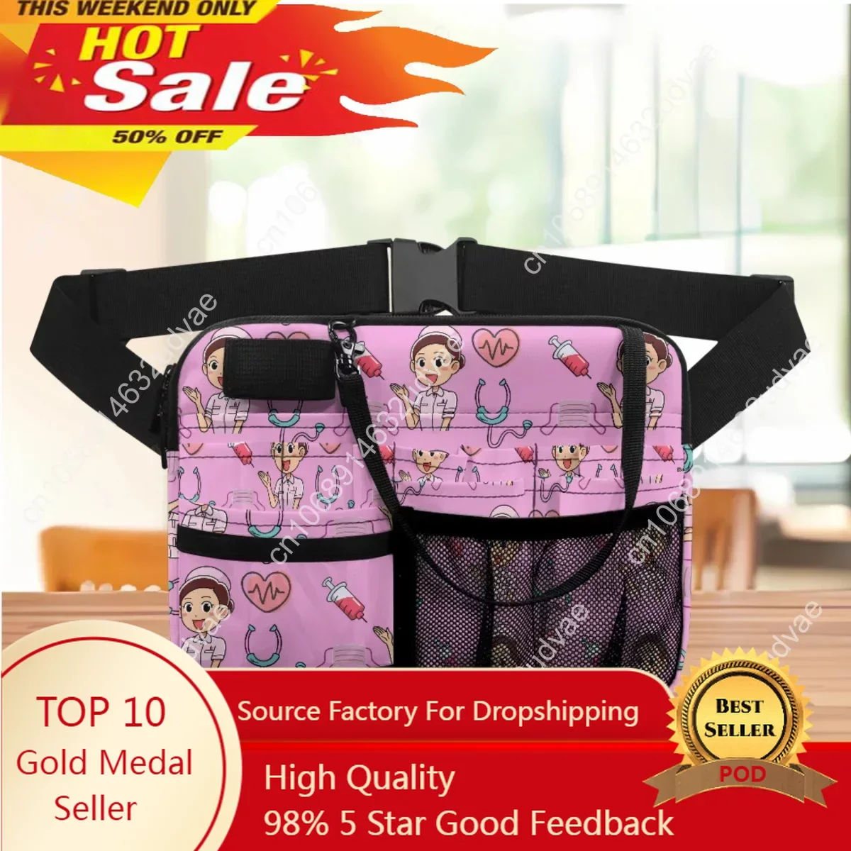 

Pink Heartbeat Medical Design Portable Nurse Waist Bag Hospital Work Multi-Pockets Casual Organizer Pouch Fanny Pack sac femme