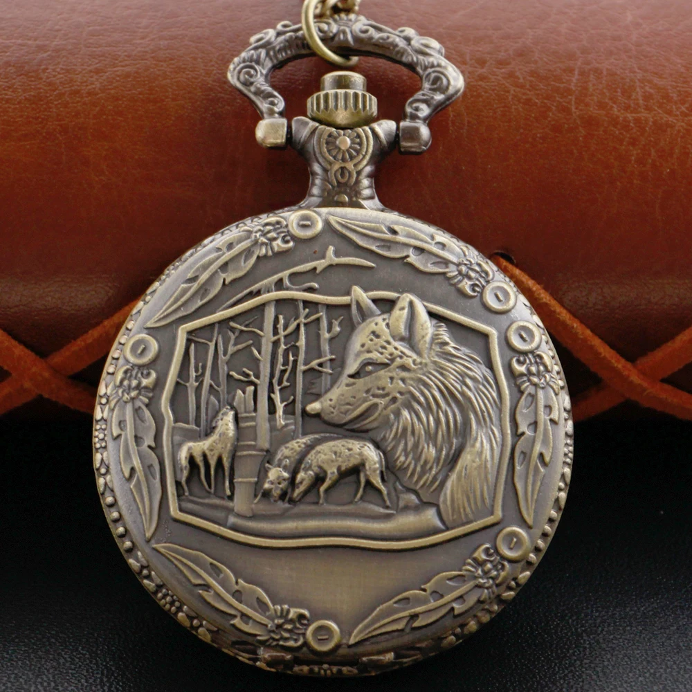 

Bronze Forest Wolf Embossed Arabic Digital Quartz Pocket Watch Necklace Pendant Clock Fob Chain Men's Women's Cf1252