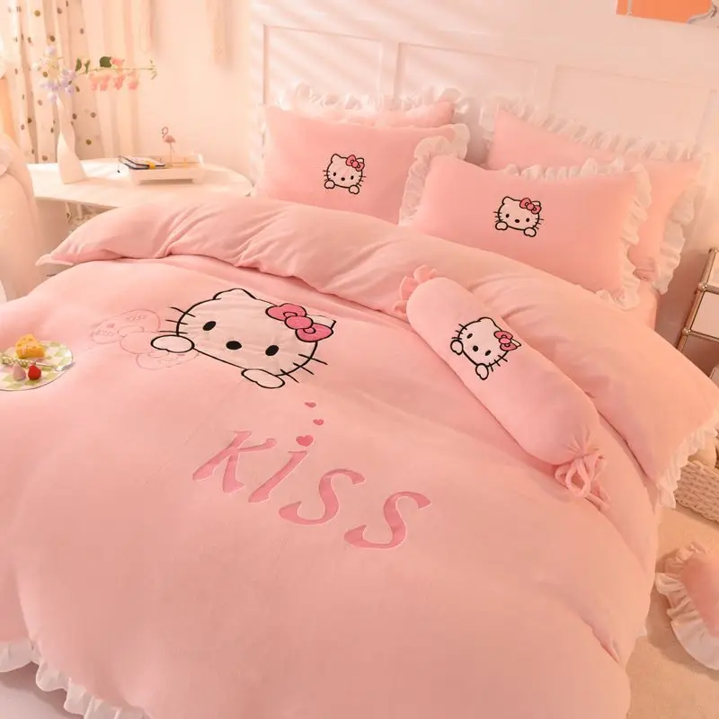 

Sanrio Kawaii Anime Soft Bedding Hello Kitty Lovely Cartoon Cute Cotton Girl Heart Four-Piece Set Bed Sheet Quilt Cover Gift Toy