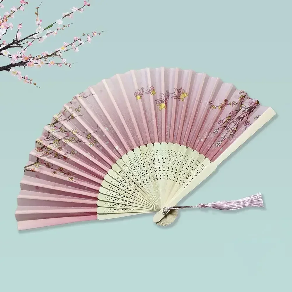 Elegant Silk Vintage Folding Fan with Colorful Tassel - Bamboo Hand Fan for Classical Dance and Home Decor