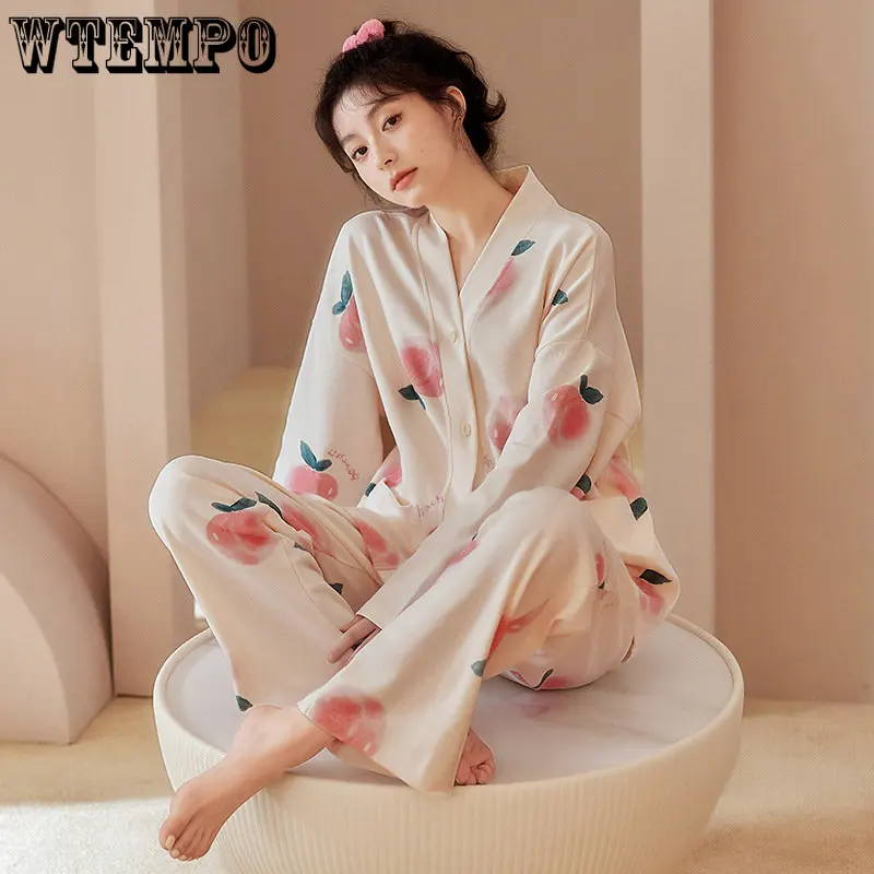 

Пижама женская с длинным рукавом, рубашка и брюки, Повседневная Свободная Домашняя одежда, Корейская Пижама, лето и осень
