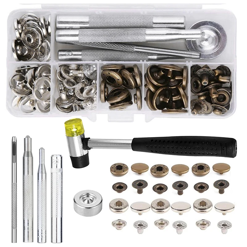 86PCS Leather Snap Fasteners Kit Metal Button Press with Hammer Installation Tools For DIY Leather Craft Project leather snap fasteners kit