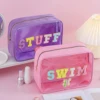 Cute Girls Women Large Capacity Waterproof Preppy Chenille Letter Clear PVC SWIM BEACH STUFF Makeup Bag Cosmetic Zipper Pouch 3