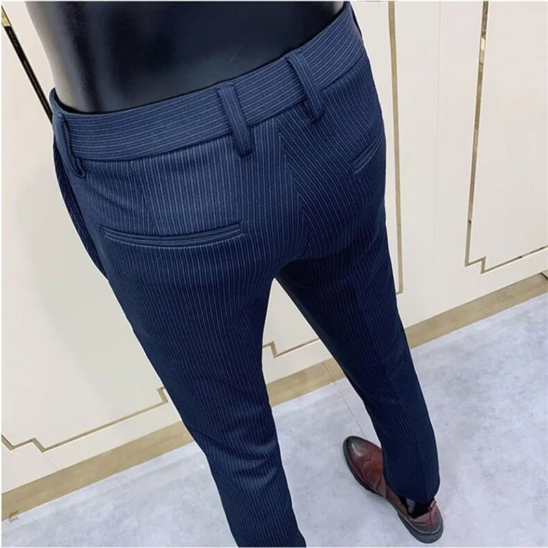 Fashion Striped Suit Pants Men's Slim Fit Skinny High Quality Pants Men's Office Party Business Casual Formal