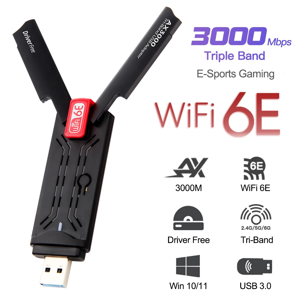 Usb 3.0 Adaptador Wifi Placa de Rede Tri-band 2.4g 5g 6g Dongle Receptor para Windows 10 11 Driver Livre 3000mbps 6e Ax3000