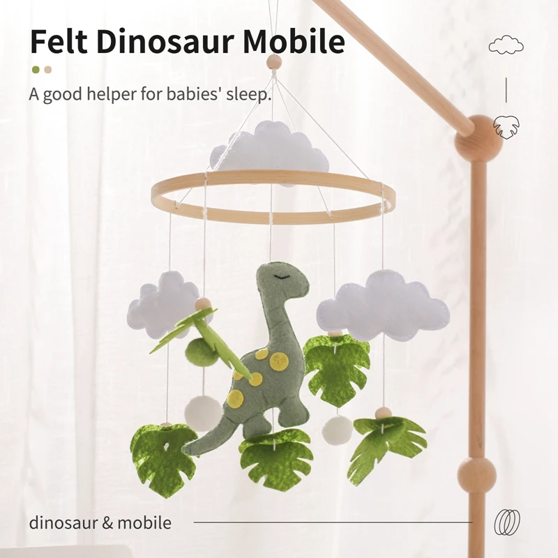 Felt Dinosaur Wooden Mobile Musical Bed Bell Hanging Toy Baby Rattle Toys 0-12 Month Newborn Infant Crib Gift Holder Brackets baby toys,baby rattle toys,musical hanging toys,hanging rattles toy,wooden mobile bracket
