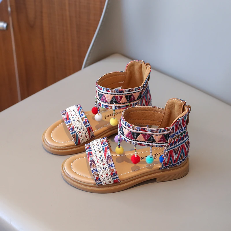 Girls Gladiator Sandals Ethnic Chinese National Sandals 2025 Summer Kids Beach Shoes Embroidery Zipper Open Toes Princess Korean