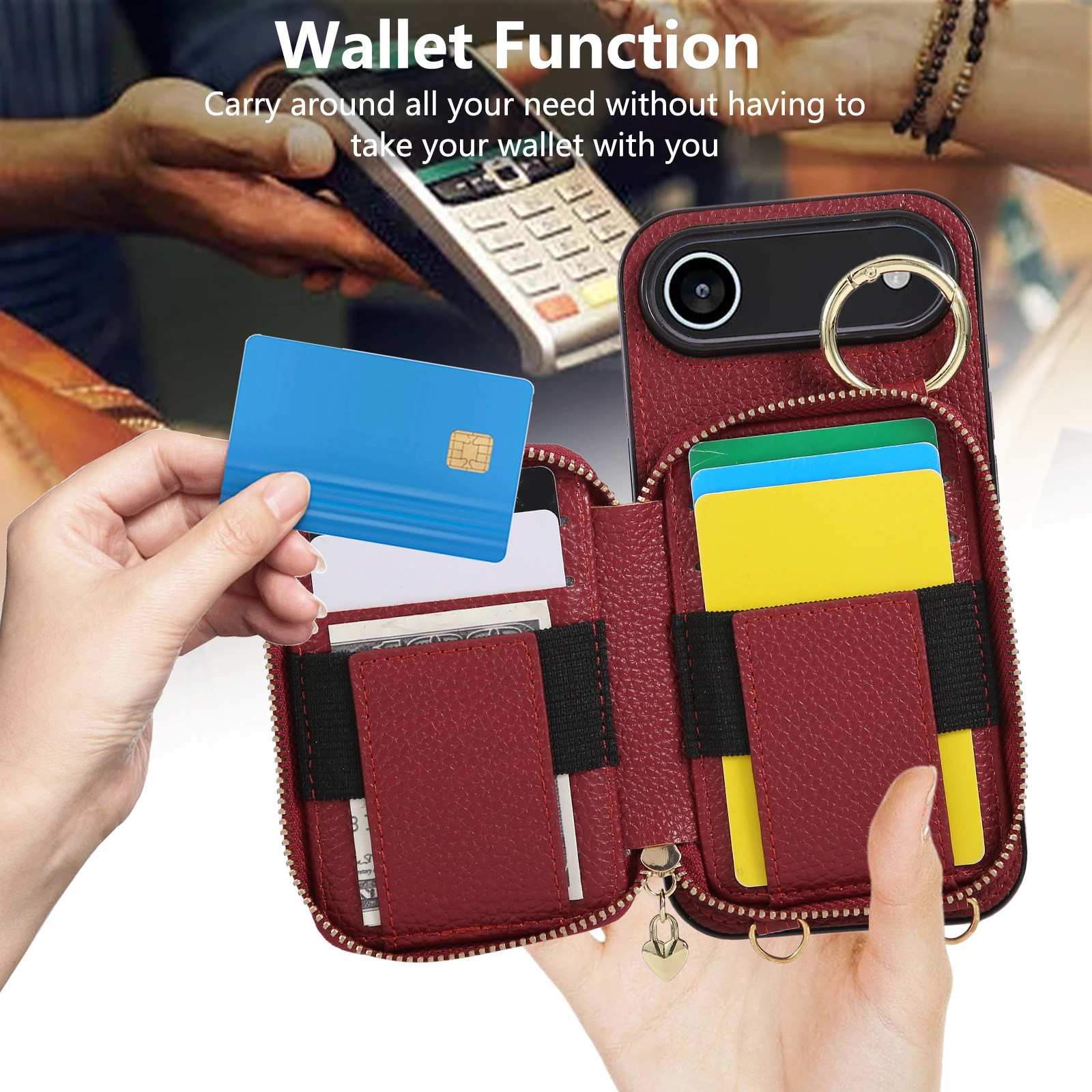 Leather Crossbody Zipper Card Wallet with Lanyard and Ring Holder