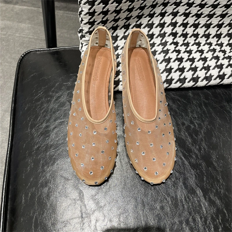Mesh Breathable Rhinestone Women Shoes Sheepskin Insole Round Toe Ladies Ballet Dancing Shoes Soft Zapatos Mujer 2024 Tendencia