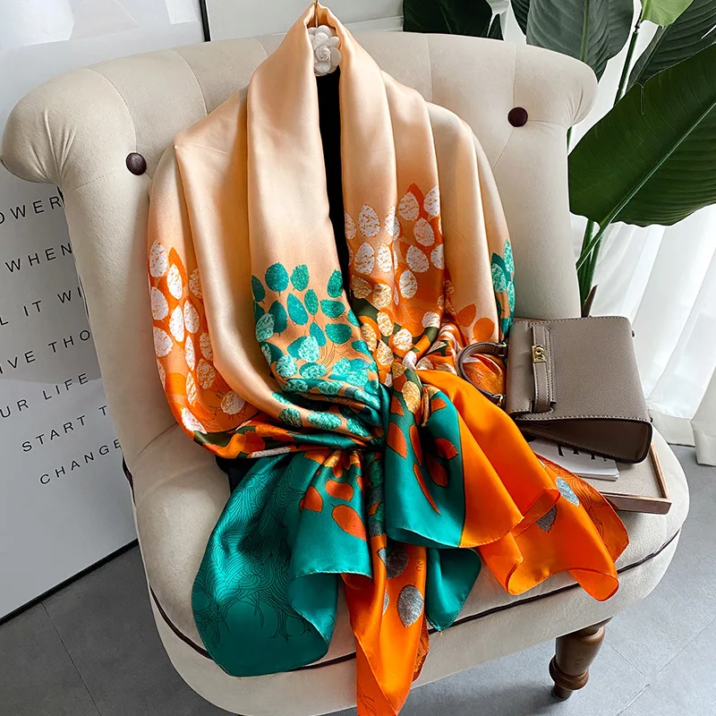 S0faf4177f43542d59966b5b2eba0b686V 180x90cm Large Silk Satin Scarf Hijab Women Print Spring New Shawl Wrap Female Hand Foulard Pashmina Mallzona