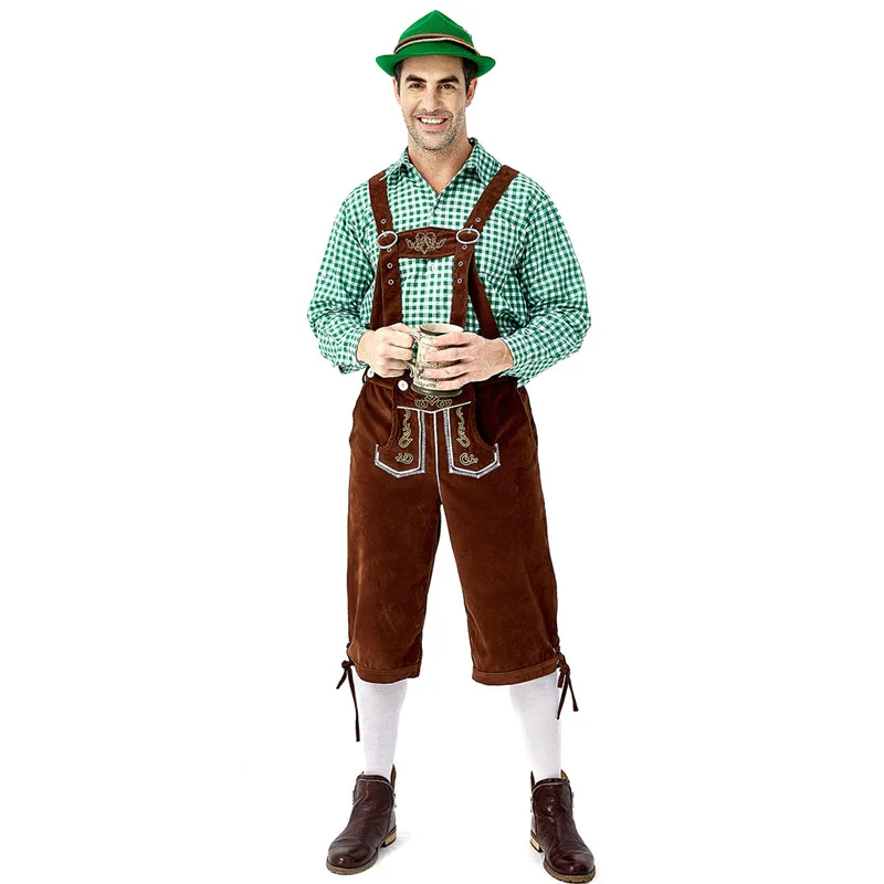 Oktoberfest Bavarian German Mens Lederhosen Beer Costume Shirt Shorts Hat Outfit