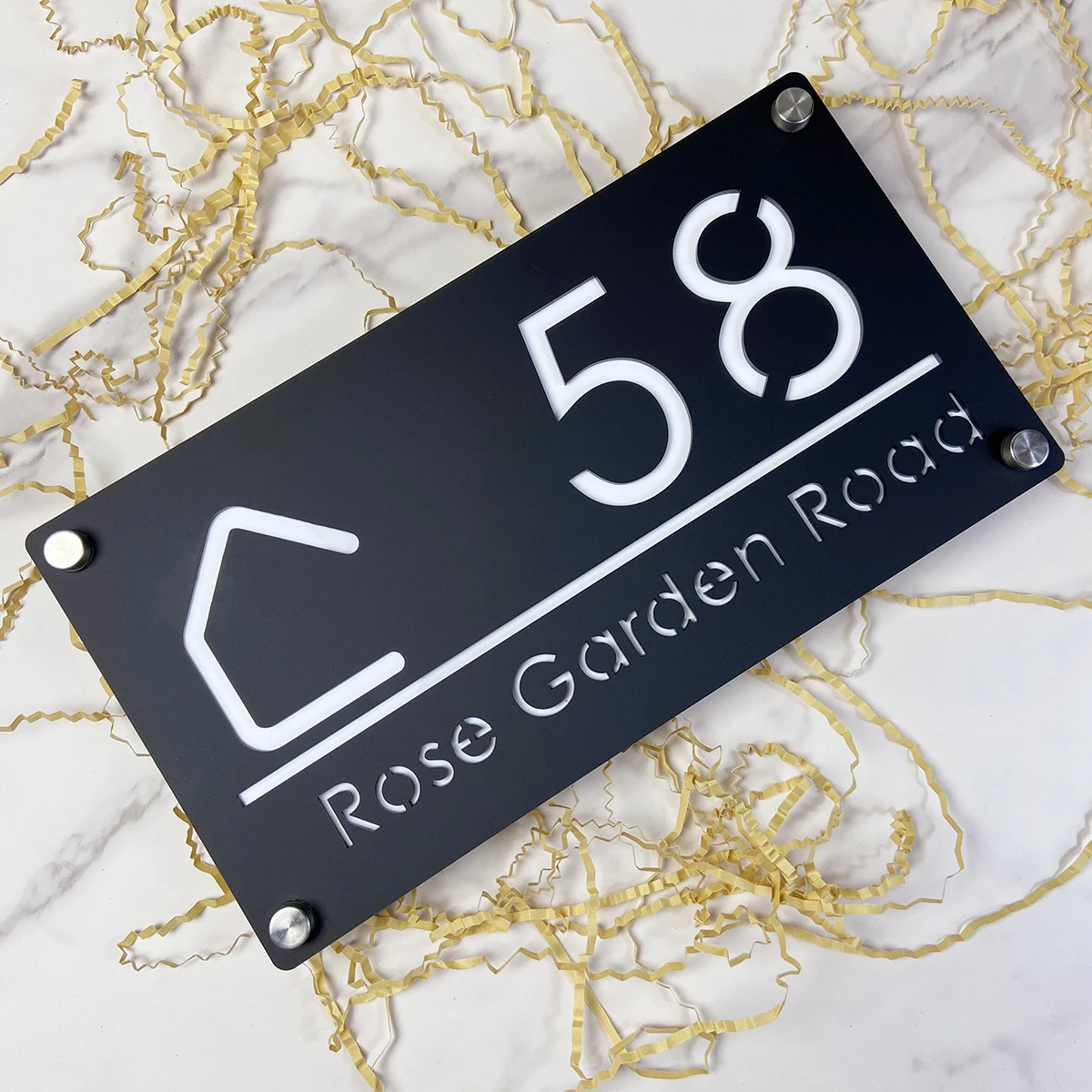 Personalized Custom Matte Black Mirror Silver Double Laser Cut Acrylic House Number Sign Plate Address Name Outdoor House Wall Plaques House Numbers Number Plate
