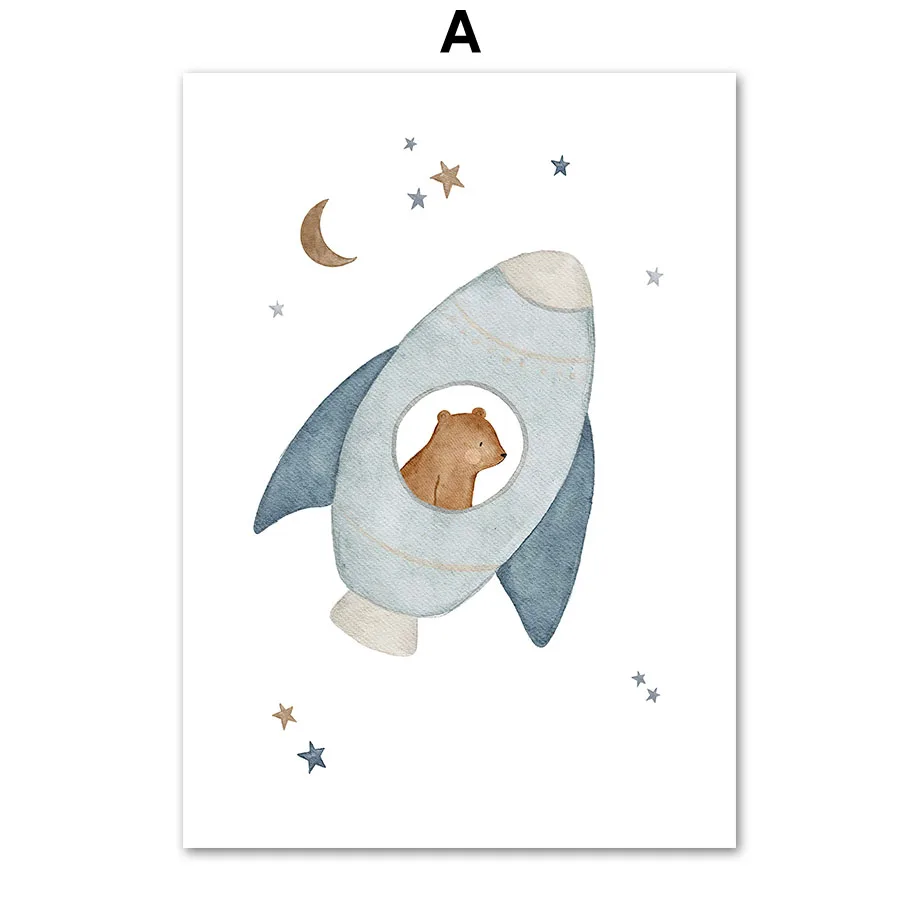 thumbnail image 1 of Pósteres de pared con estampado de lienzo con diseño de oso, conejo, erizo, abeja, flores y cohete espacial bohemio para decoración del hogar de la habitación de los niños y bebés, 1 of 5