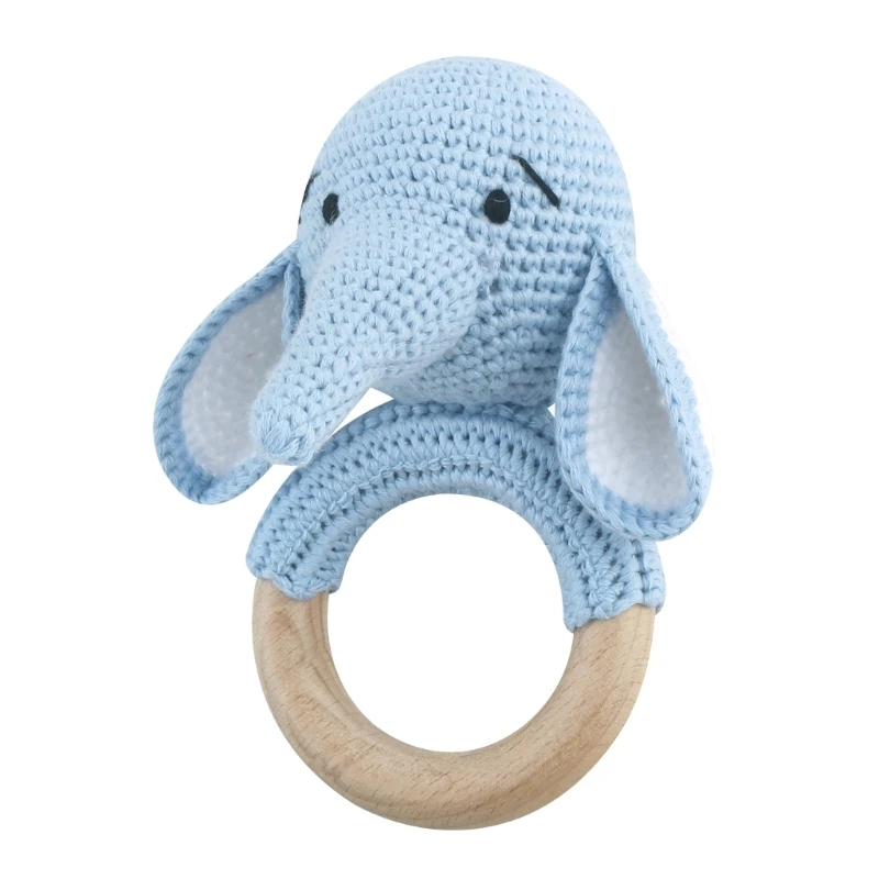 

97BE Lovely Elephant Teething Toy with Crochet Rattle Rings Teether Perfect Gift for Babies & Toddlers Present