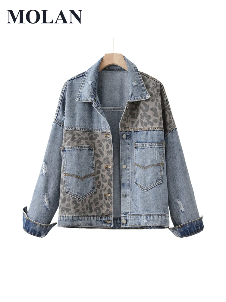 MOLAN  Leopard Woman Denim Jacket Vintage Autumn Coat Long Sleeve Singal Breasted Casual Jean Outwear Female Chic Top single breasted chic and elegant woman set woman two pieces elegant dress up lapel suit 2 piece suit groups of pant blazer suits