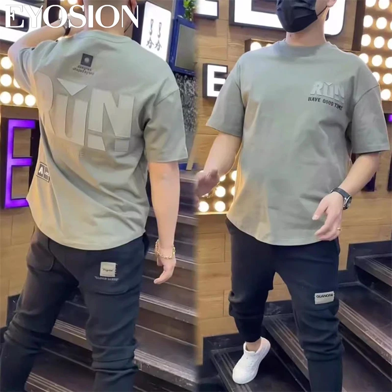남성용 레트로 레터 프린트 티셔츠, 슬림핏 라운드넥, 다목적 순면 2024, 새로운 디자인, 반팔 티 탑, 4XL, 여름 