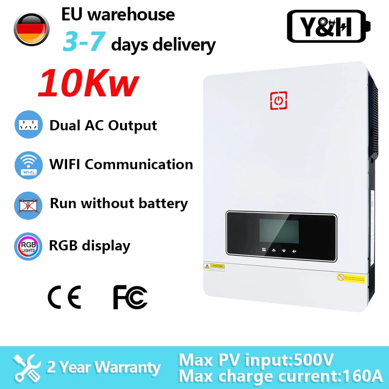 Y&H 10kw Solar Inverter Hybrid Ongrid Inverter 48V 230V Pure Sine Wave 160A Mppt Charge Controller Run Without Battery Converter